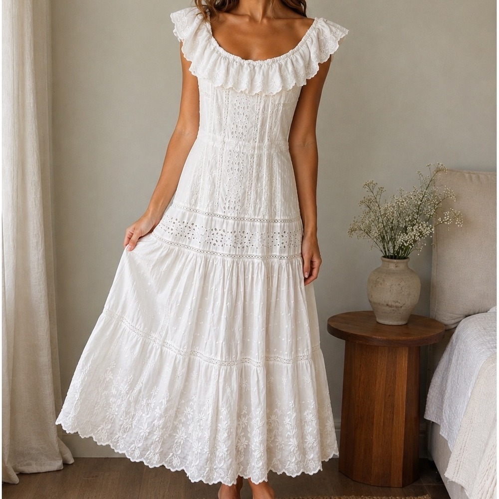 Lauren Ralph Lauren Black Label 14 White Cotton Eyelet Maxi Dress Cottagecore